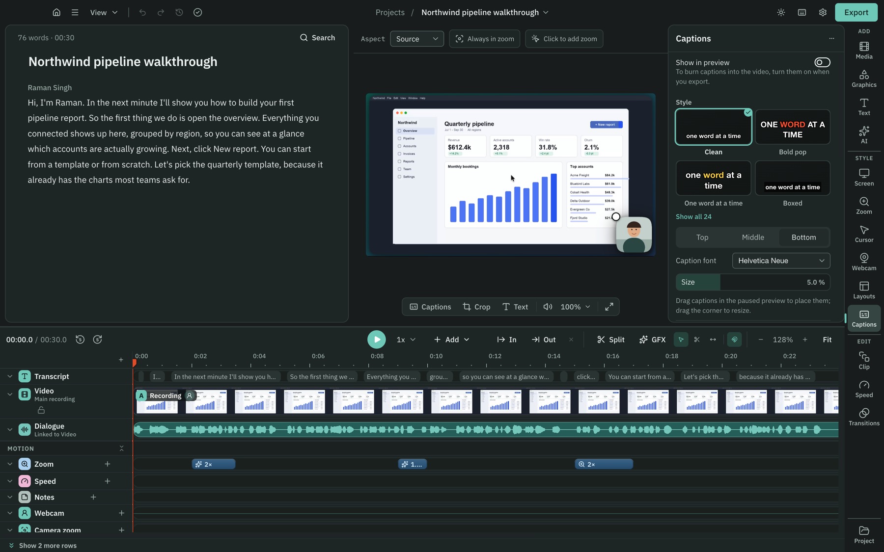 The Captions panel open, with caption styles such as Clean, Bold pop and Boxed