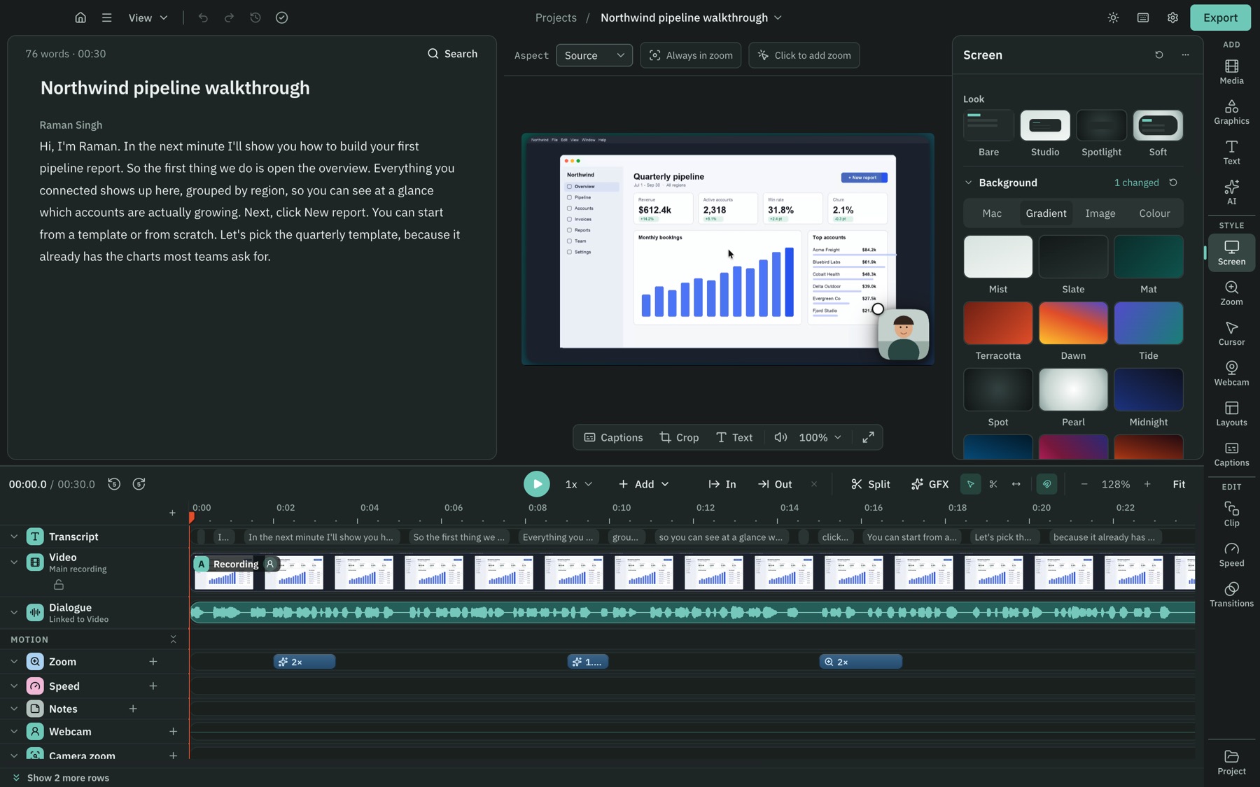 The Cutscript editor in dark mode: the transcript on the left, the preview with a webcam bubble, panels on the right and the timeline below
