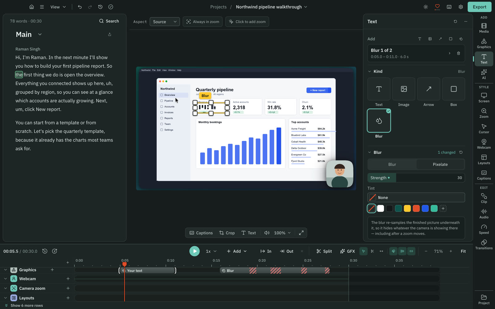 An area blur box with its style, strength and tracking controls