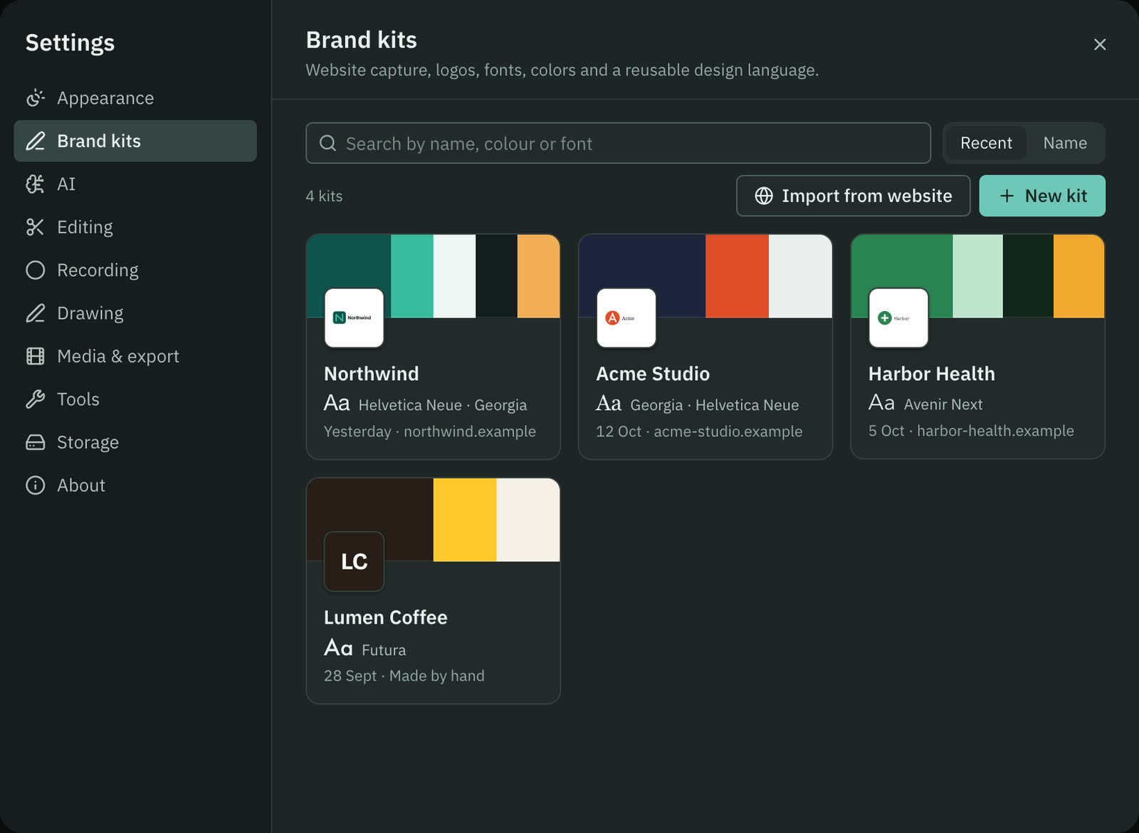 Settings › Brand kits: four brand kits as cards with their colours and logos.