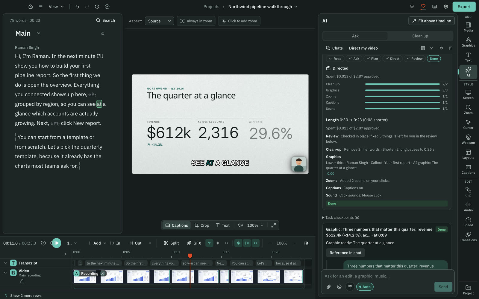 The finished run: what each task did, the new length and a checkpoint for each task