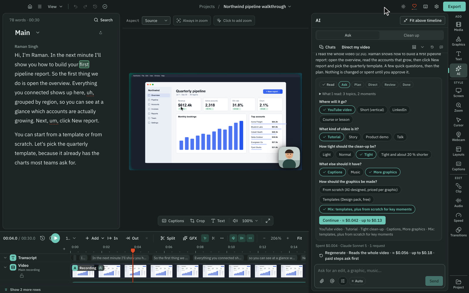 Direct my video asks a few questions first: where it will go, what kind of video, how tight to cut, what else to add, and whether graphics are made from scratch, from templates or a mix.