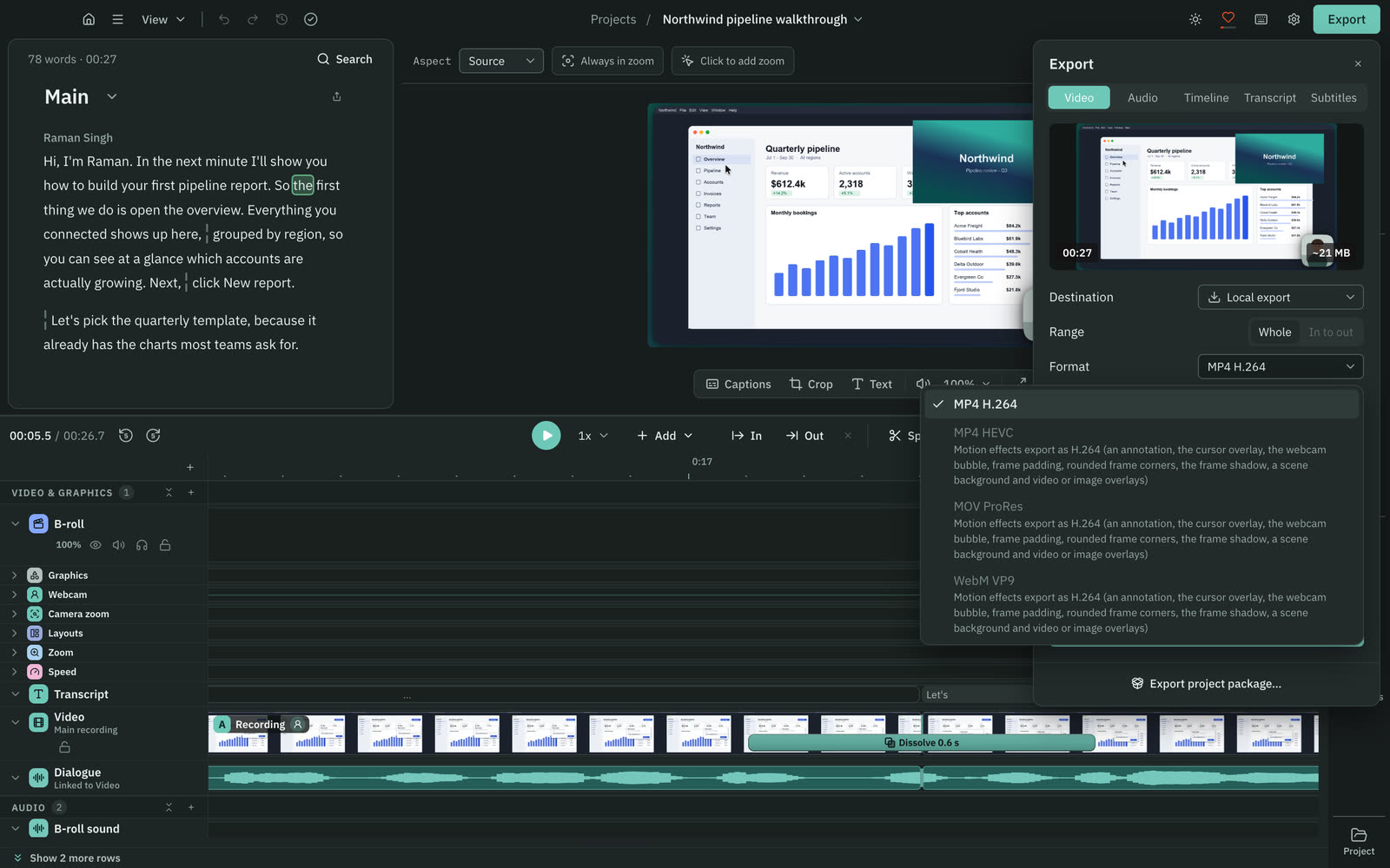 The Export dialog with the format list open
