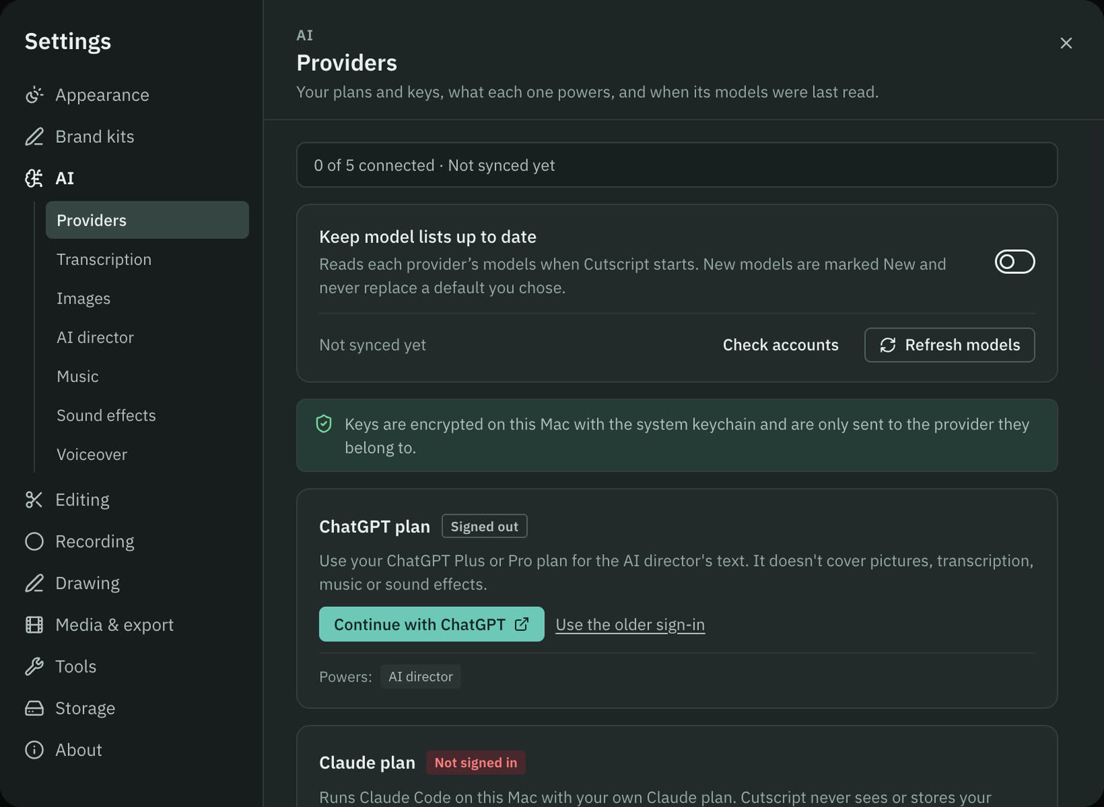 Settings › AI › Providers: ChatGPT plan, Claude plan, OpenRouter, ElevenLabs and fal.ai, none signed in and no keys added.
