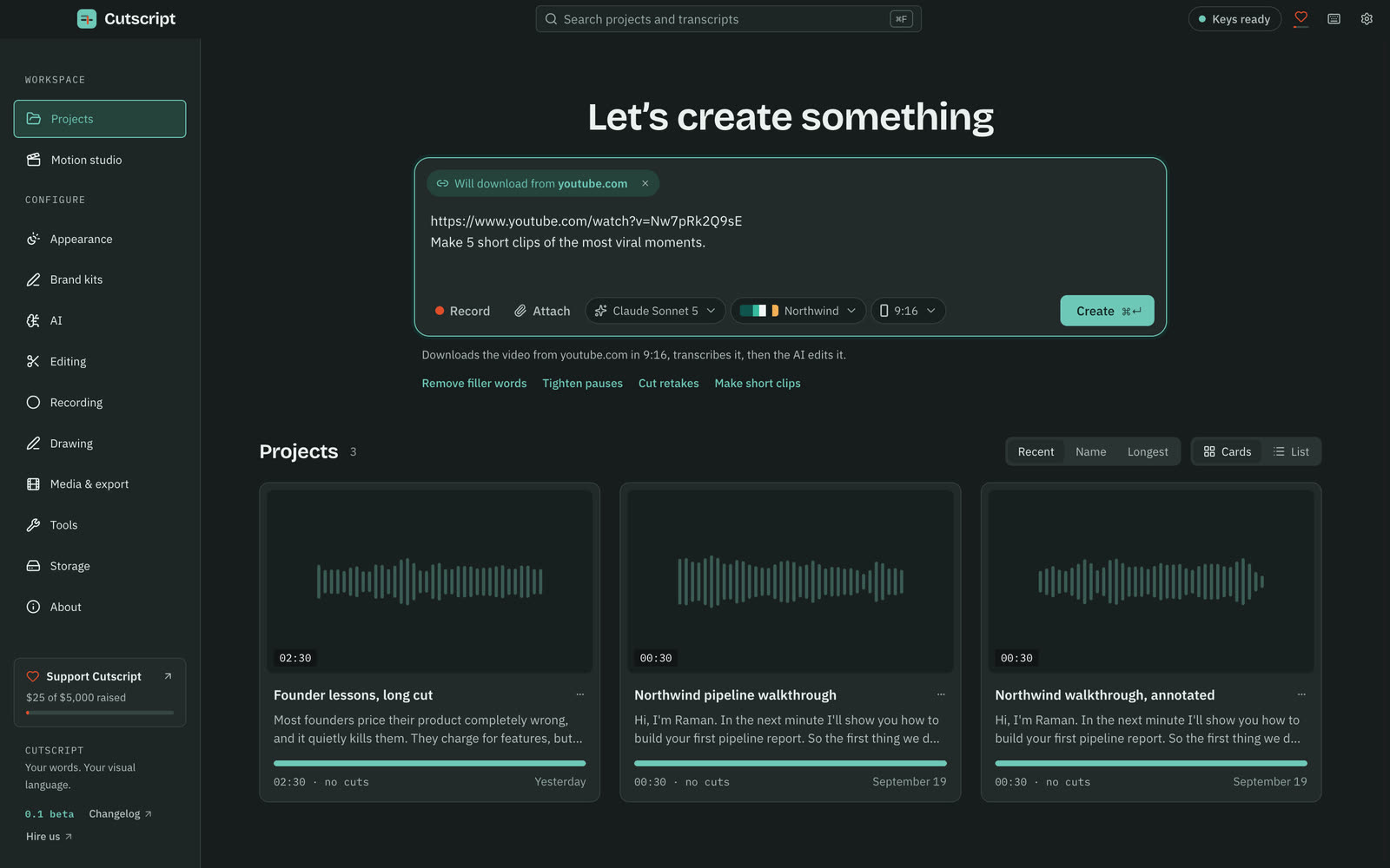 Let’s create something: a YouTube link, "Make 5 short clips of the most viral moments", Aspect 9:16 and the Northwind brand kit, ready to create.