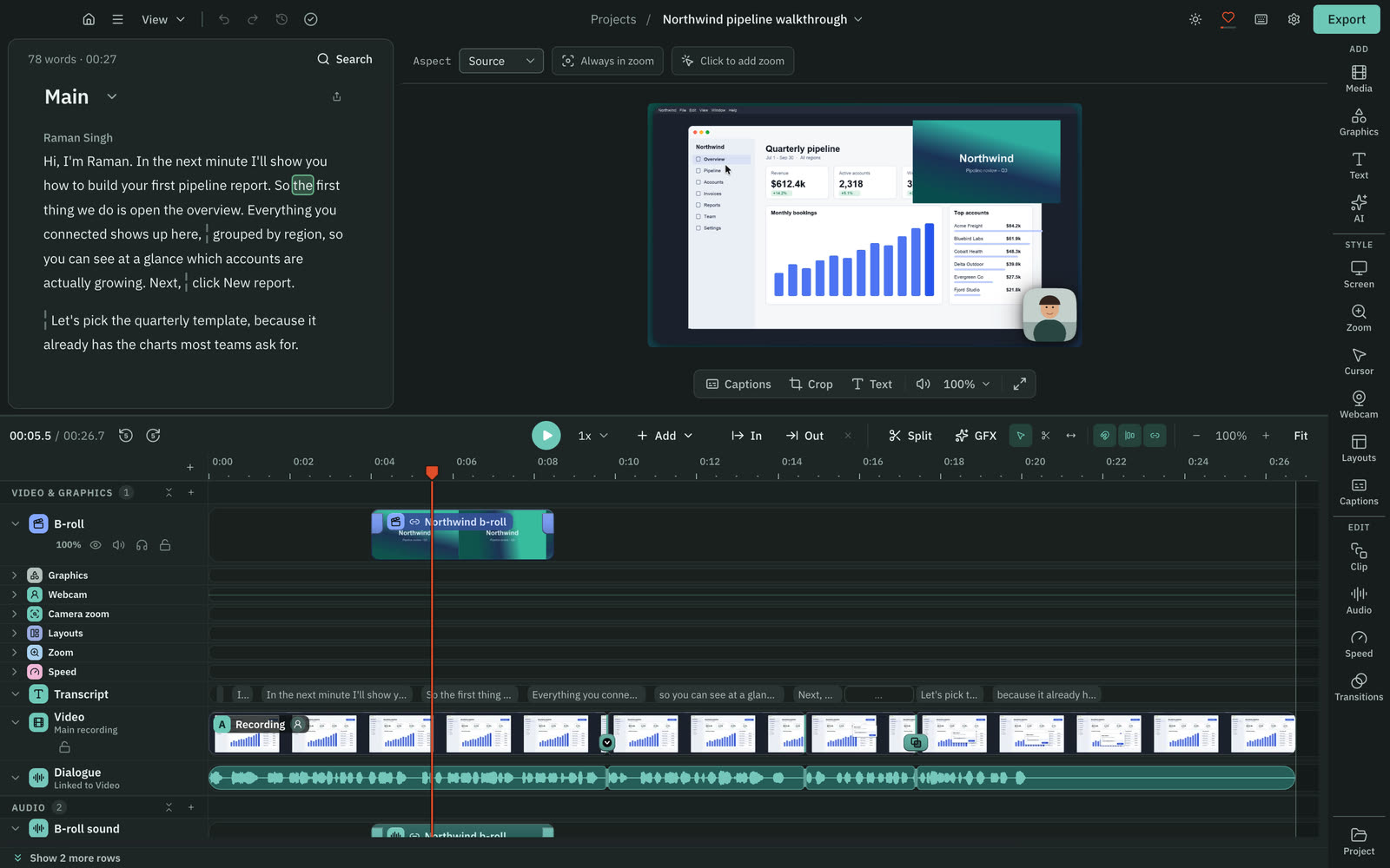 The multitrack timeline: the recording’s picture and its linked dialogue, a linked b-roll clip with its sound, music, cuts from the script and a cross-dissolve on a cut.