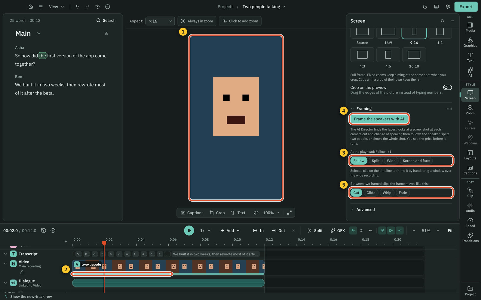 After Apply: the frame follows the person talking, with the passages on the timeline and in Screen.