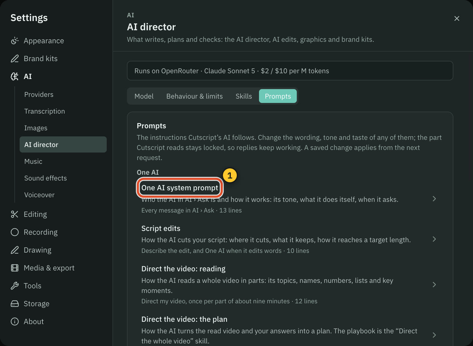 The Prompts list, with the One AI system prompt at the top