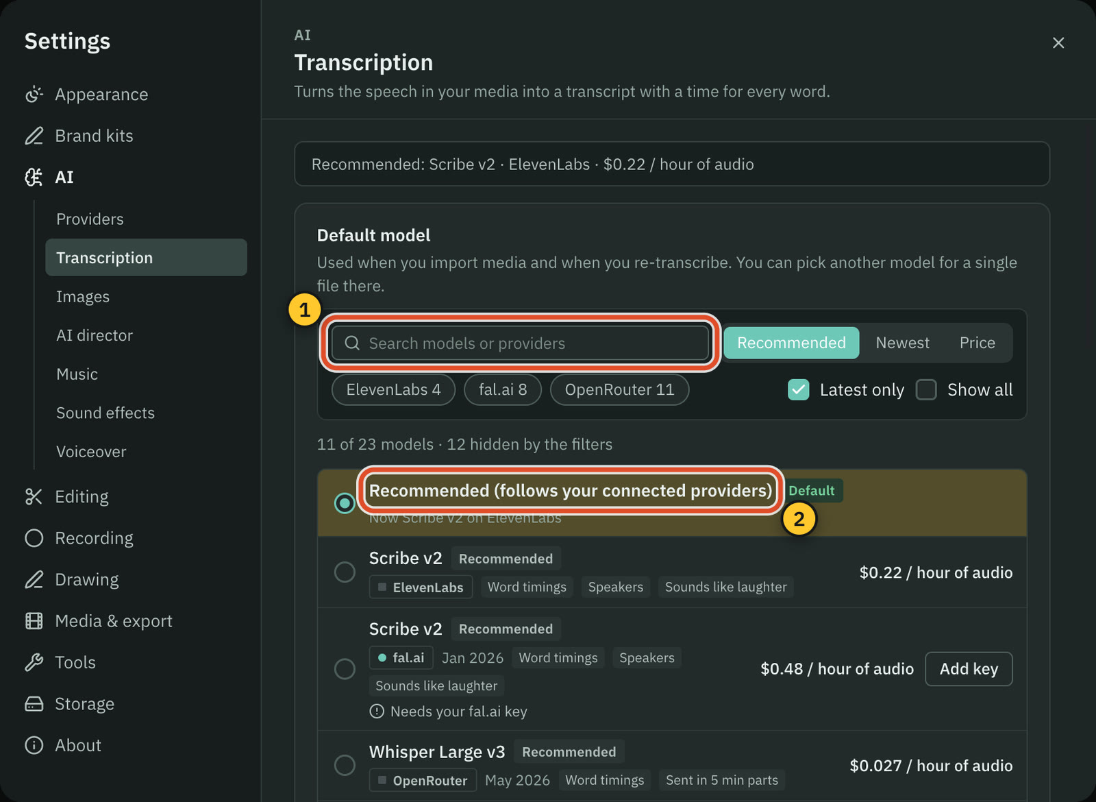 The transcription model list, with the search field and the default model