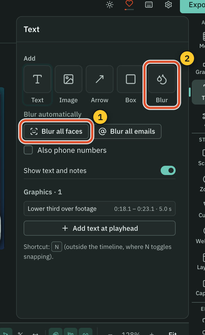 The blur controls: style, strength and tracking.