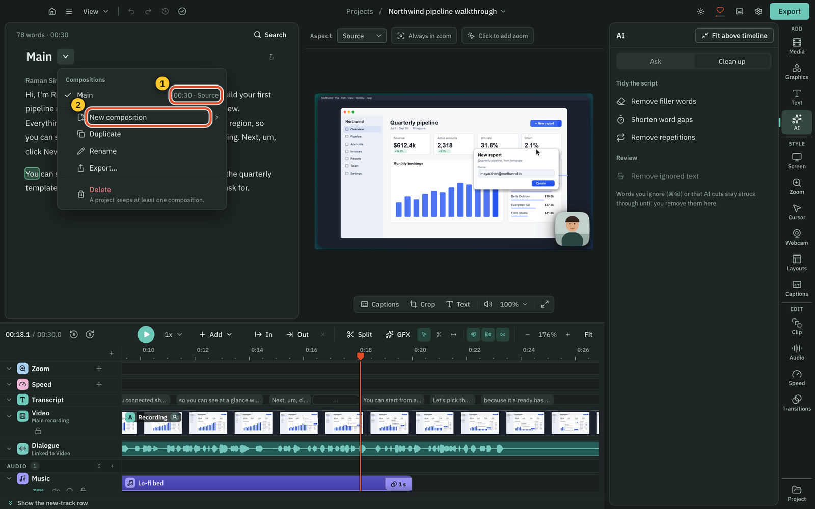 Compositions: several versions of a video in one project.