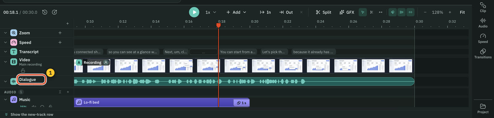 The timeline: picture and sound tracks, with cuts where you edited the script.