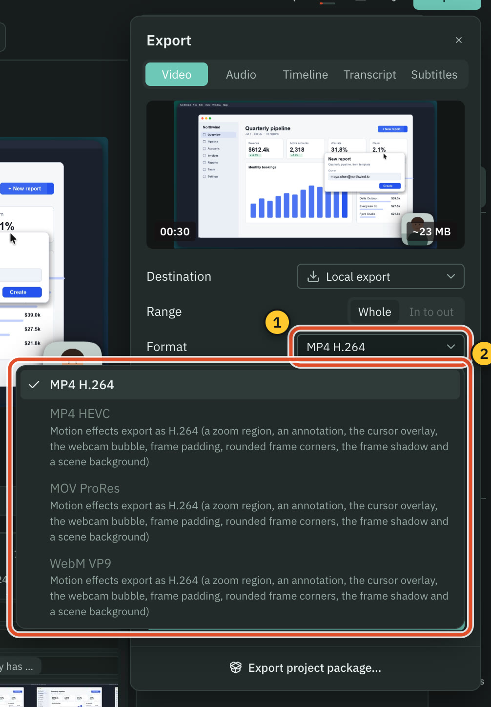 The export dialog