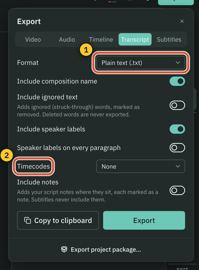The transcript and subtitle export options