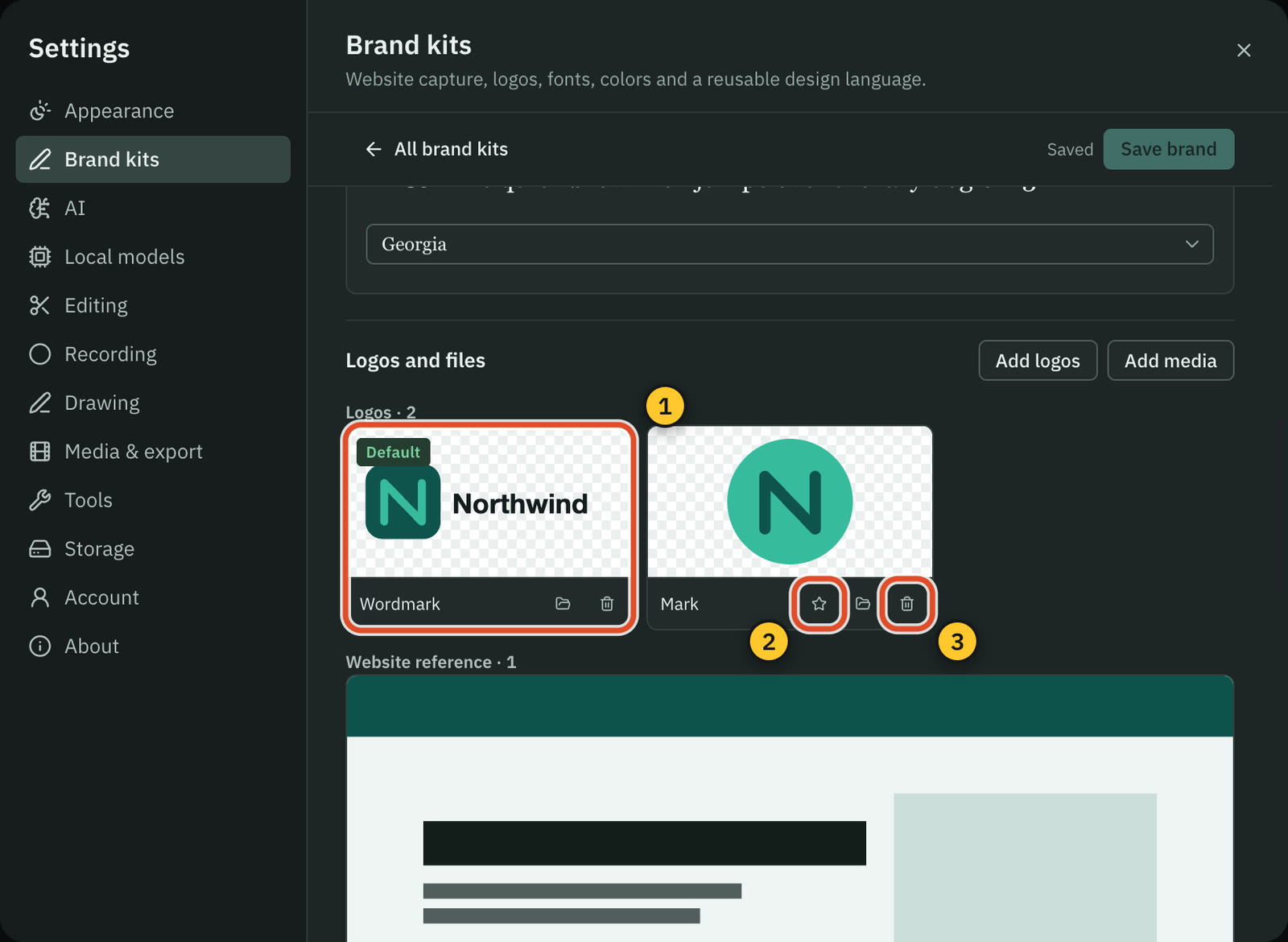 The Northwind brand kit’s logos: the Wordmark with its Default badge, and the Mark with its star, folder and Remove buttons.