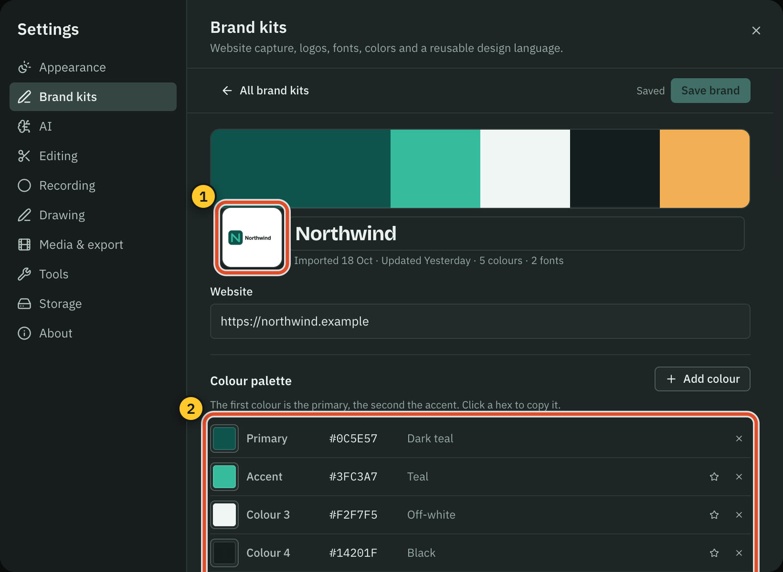 The Northwind brand kit open in Settings, with its logo, website and colour palette