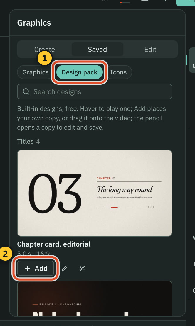 The Design pack panel, each card with an Add button