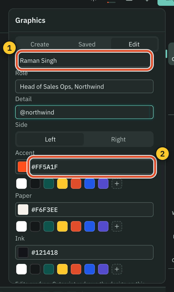 A lower third selected in the Graphics Edit tab, with its Name and Role fields and the accent colour field
