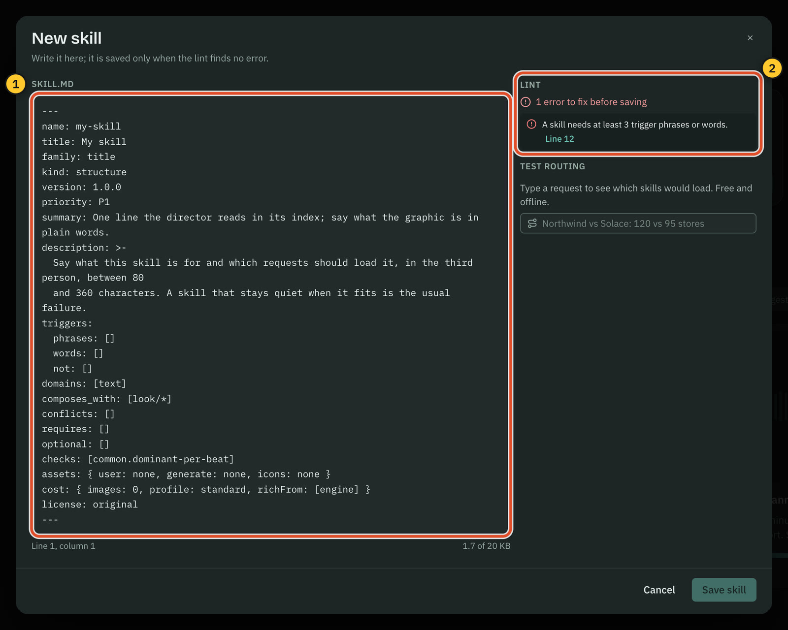 The New skill dialog: the SKILL.md text on the left and the lint panel on the right, which reports one error to fix