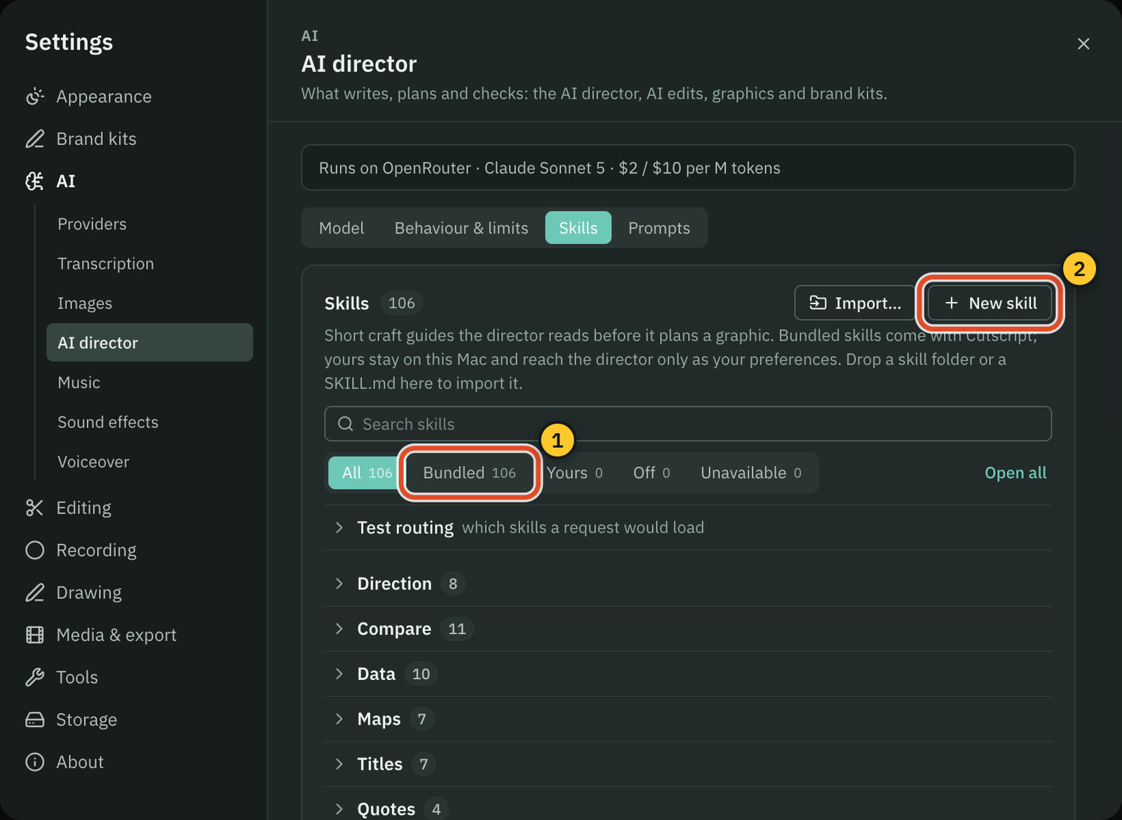 The skills library in Settings, with the Bundled filter and the New skill button