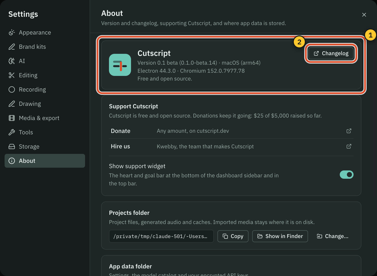 The About settings with the version number.