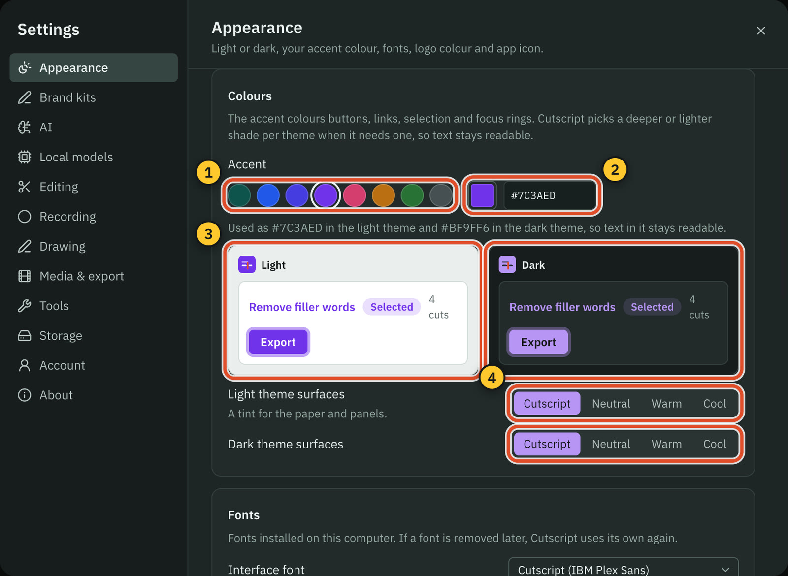 Settings › Appearance › Customize › Colours with the Violet accent.