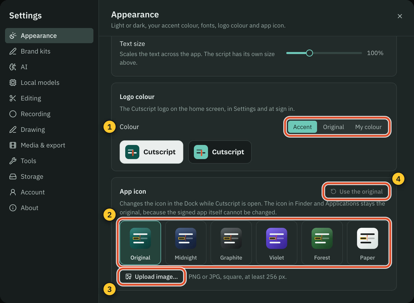 Settings › Appearance › Customize, Logo colour and App icon.