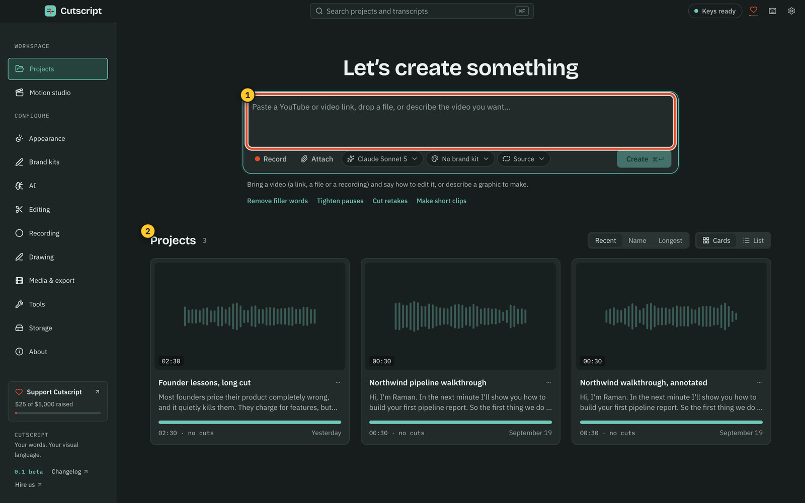 The Cutscript home screen with the "Let’s create something" box and recent projects.