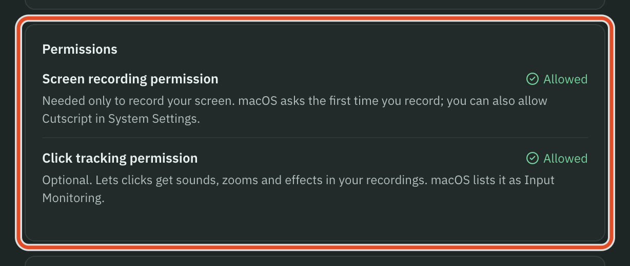 The permissions list in Settings.