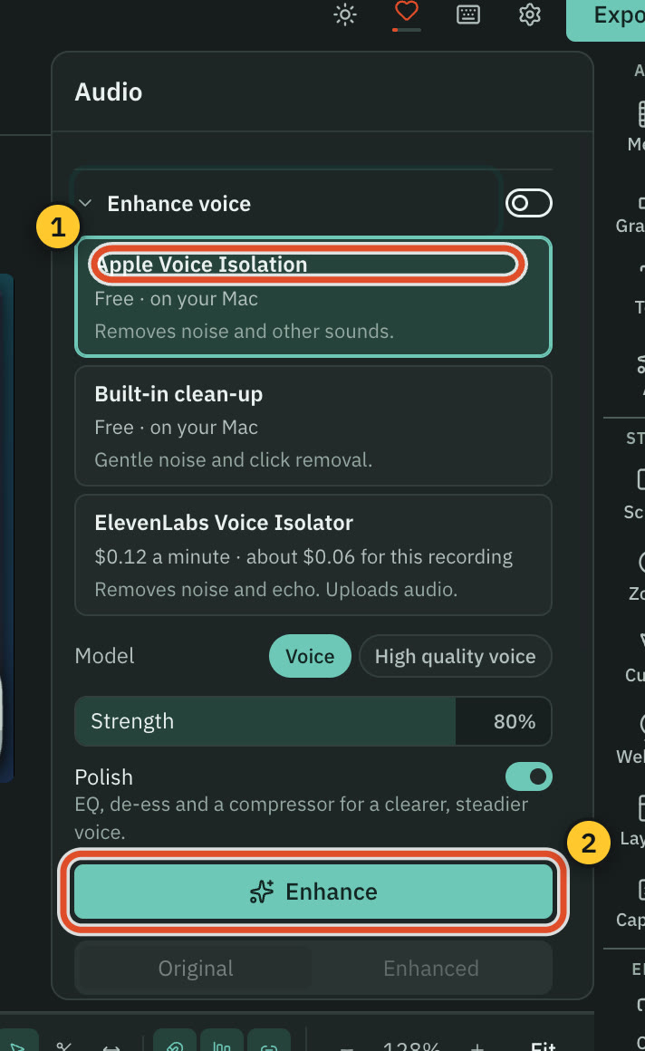 The Enhance voice control in the Audio panel