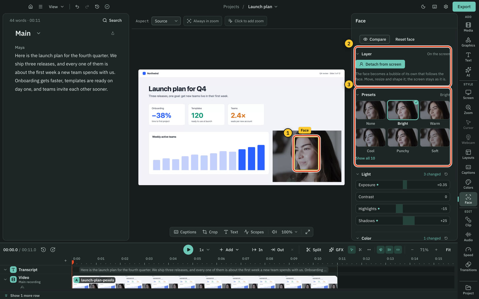 The Face panel, opened by clicking the face in the preview.