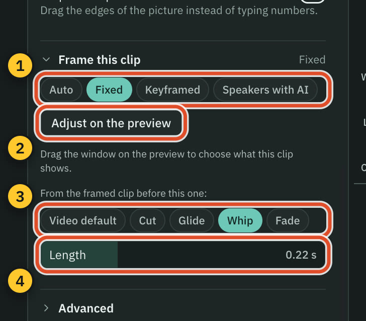 Screen › Frame this clip for Piece B, with Fixed and Whip picked.