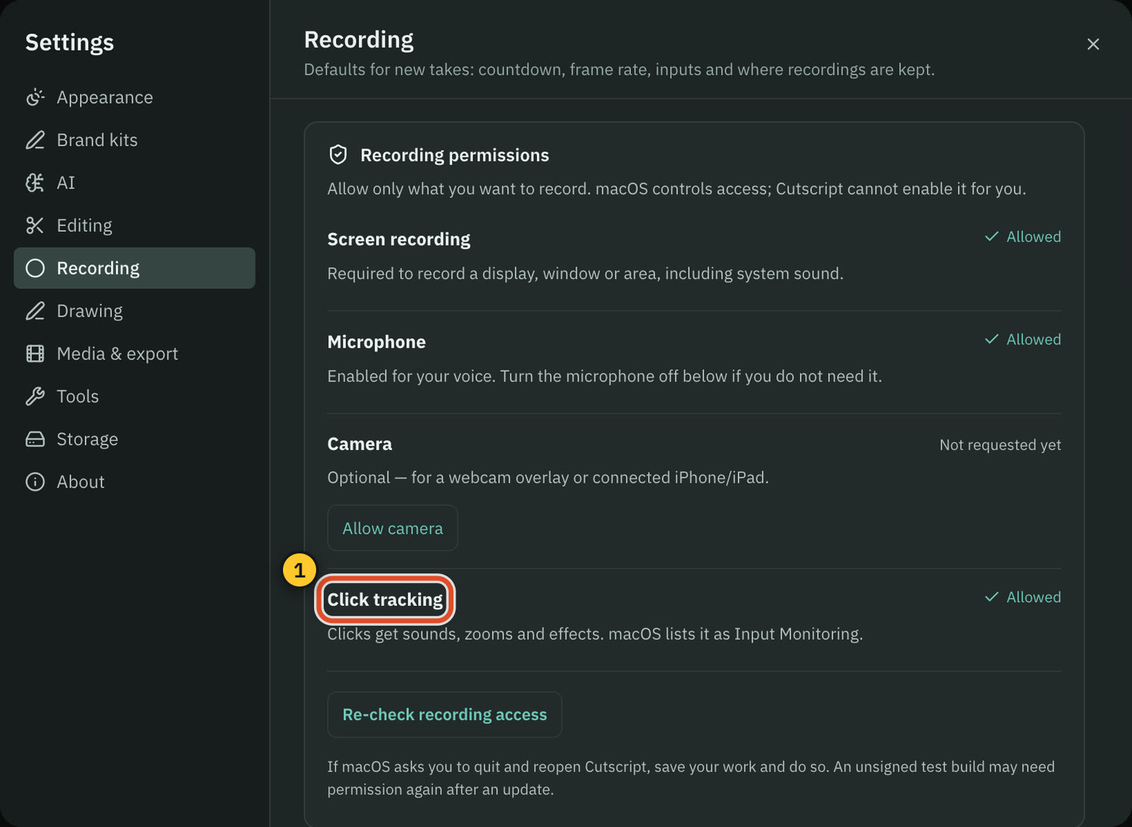Settings › Recording lists the recording permissions, with click tracking and its status.