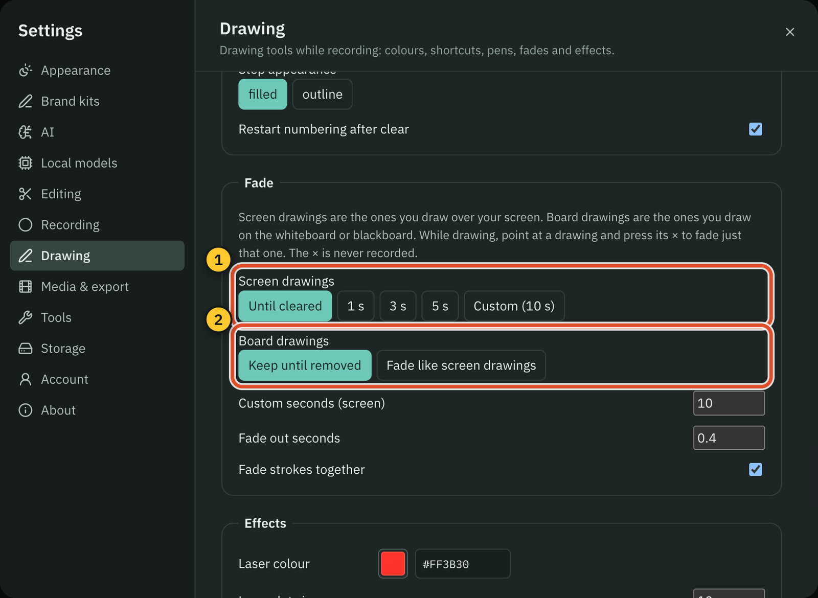 Settings › Drawing › Fade, with the Screen drawings choices (Until cleared, 1 s, 3 s, 5 s, Custom) and the Board drawings choices (Keep until removed, Fade like screen drawings).