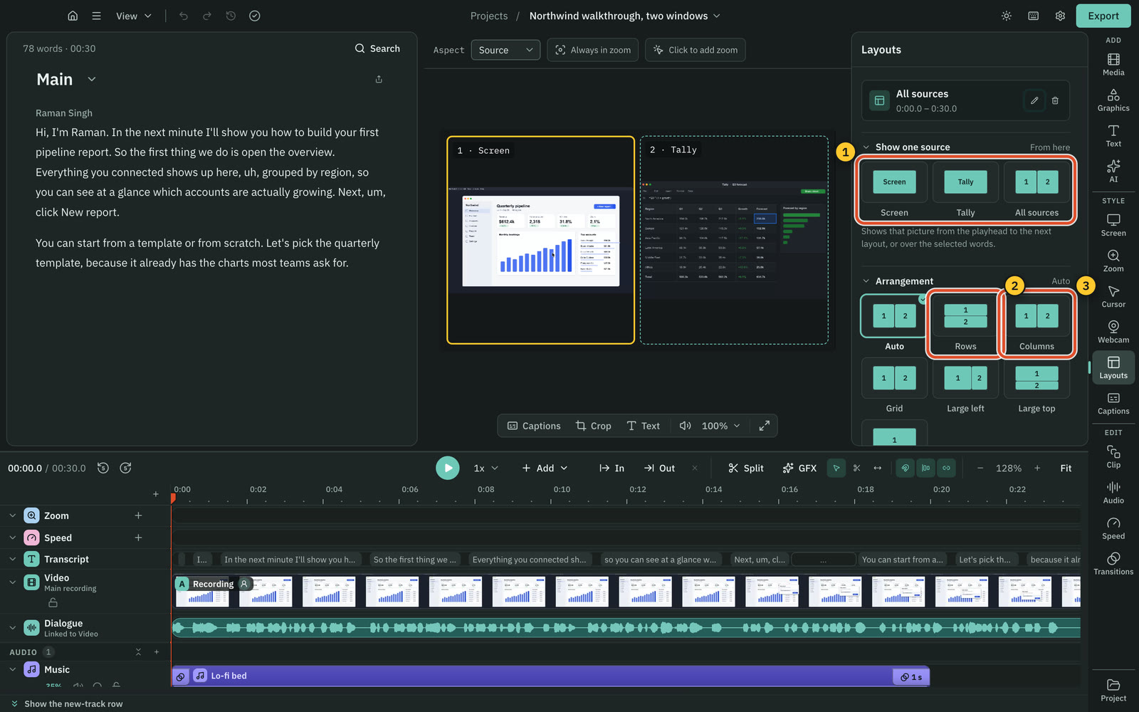 A recording with two sources, the screen and a second window, side by side on the preview, and the Layouts panel with the Show one source and Arrangement choices.