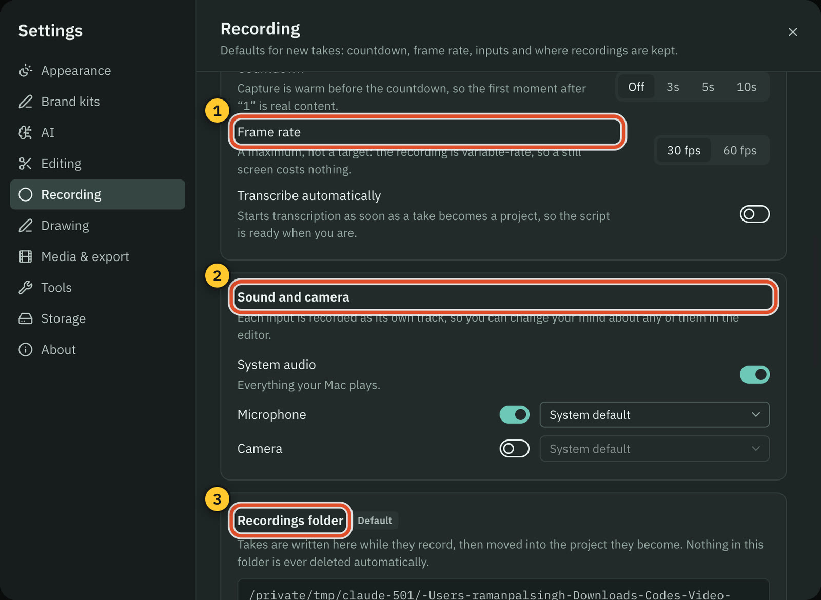 The recording settings: microphone, camera, system sound and countdown
