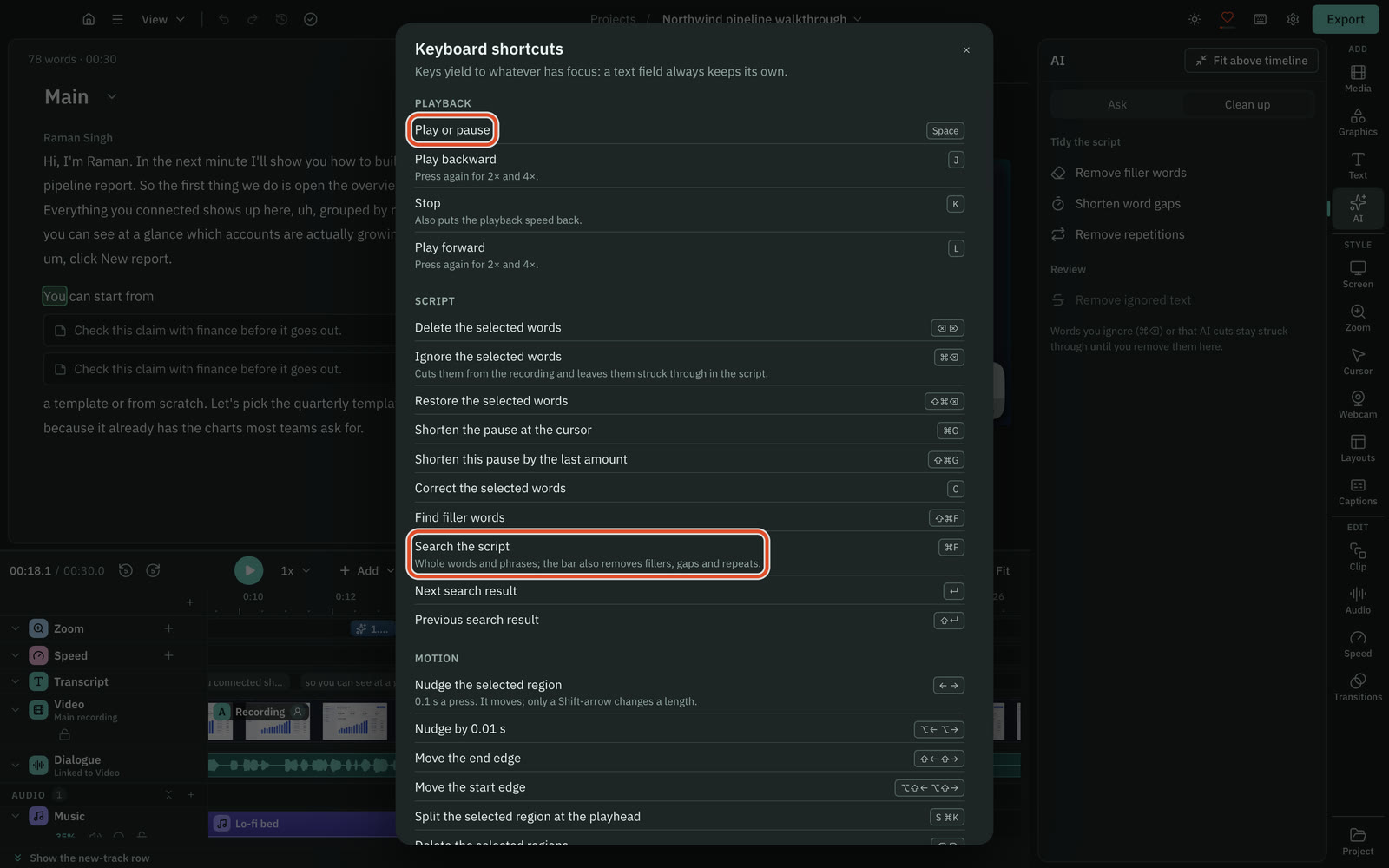 The keyboard shortcuts list.