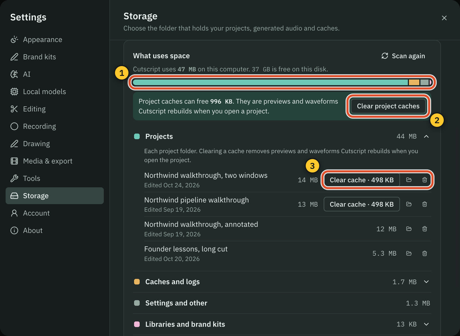 Settings › Storage › What uses space: the total, a bar by group, Clear project caches, and the Projects group open with each project’s size and buttons.